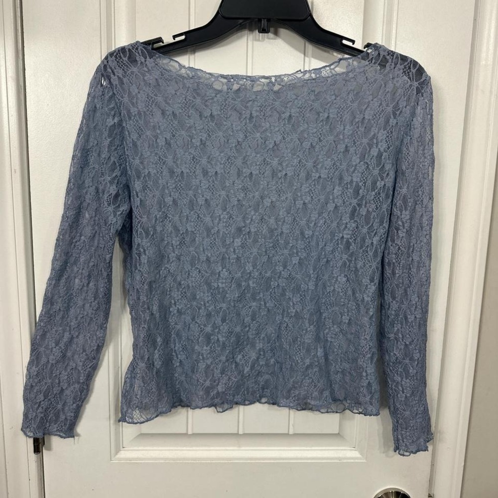 Dusty blue sheer lace long sleeve top -romantic / coquette. XL